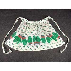 Vintage Cloth HALF APRON Holiday Christmas Lights Mittens White Green Red Pocket